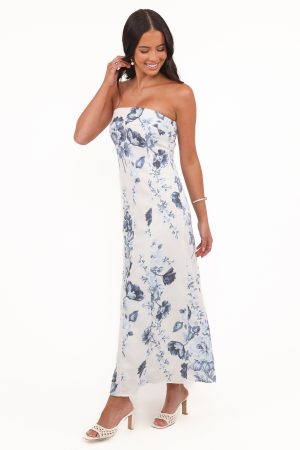 Tamira Strapless Midi Dress – Blue Floral