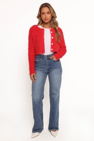 Tavan Crop Button Front Cardigan – Red