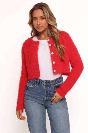 Tavan Crop Button Front Cardigan – Red