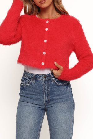 Tavan Crop Button Front Cardigan – Red