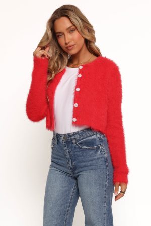 Tavan Crop Button Front Cardigan – Red