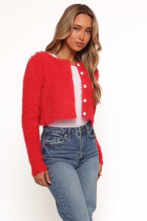 Tavan Crop Button Front Cardigan – Red