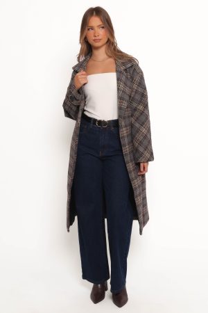Torie Waist Tie Long Coat – Grey Check