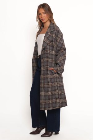 Torie Waist Tie Long Coat – Grey Check