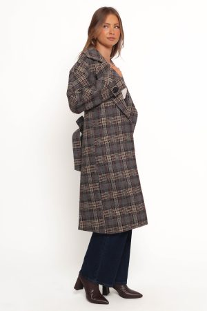 Torie Waist Tie Long Coat – Grey Check