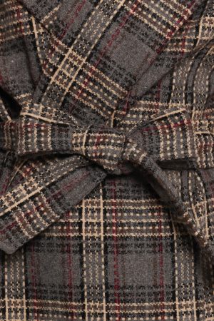Torie Waist Tie Long Coat – Grey Check