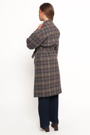 Torie Waist Tie Long Coat – Grey Check