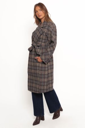 Torie Waist Tie Long Coat – Grey Check