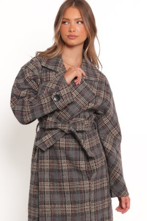 Torie Waist Tie Long Coat – Grey Check