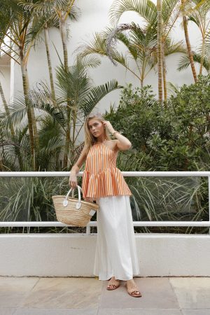Valencia Halterneck Top – Orange Beige Stripe