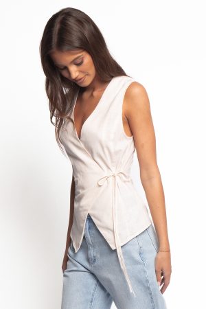 Vanni Wrap Front Linen Top – Cream