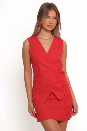 Vanni Wrap Front Linen Top – Red