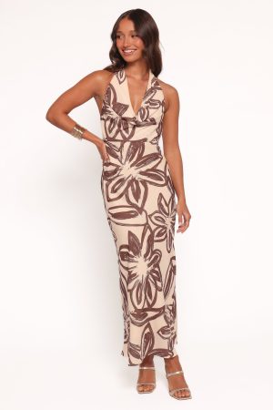 Warner Halter Dress – Cream/Brown