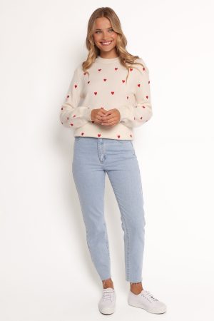 Xadie All Over Mini Heart Sweater – Cream/Red