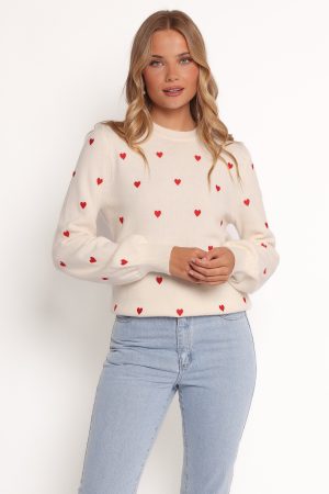 Xadie All Over Mini Heart Sweater – Cream/Red