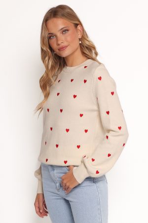 Xadie All Over Mini Heart Sweater – Cream/Red