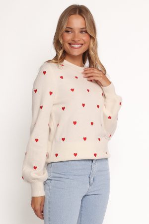 Xadie All Over Mini Heart Sweater – Cream/Red