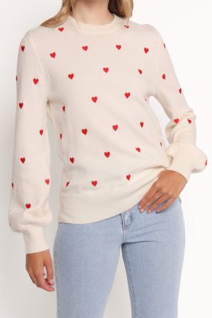 Xadie All Over Mini Heart Sweater – Cream/Red