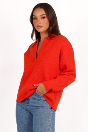 Zala Vneck Collar Knit Sweater – Red
