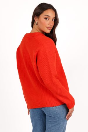 Zala Vneck Collar Knit Sweater – Red