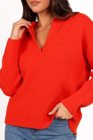 Zala Vneck Collar Knit Sweater – Red