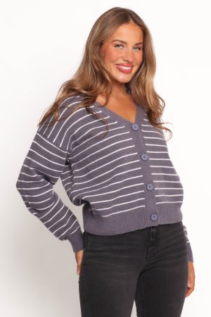 Zammy Lurex Strip Button Front Cardigan – Grey