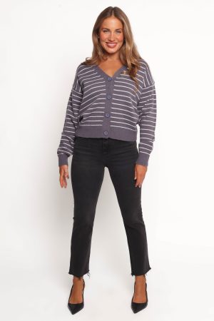 Zammy Lurex Strip Button Front Cardigan – Grey