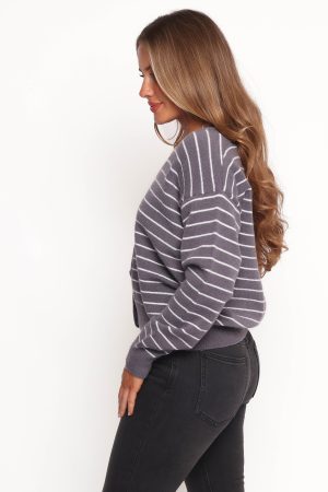 Zammy Lurex Strip Button Front Cardigan – Grey