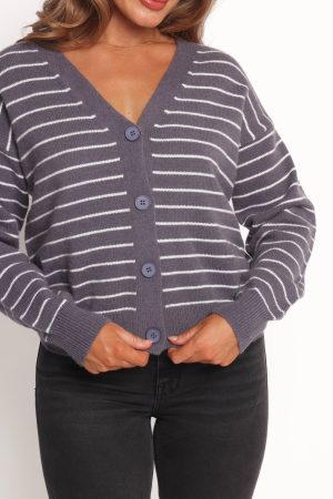 Zammy Lurex Strip Button Front Cardigan – Grey