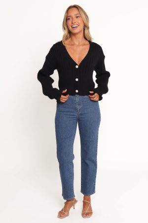 Zana Ribbed Ruffle Cuff Knit Sweater – Black