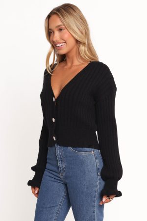 Zana Ribbed Ruffle Cuff Knit Sweater – Black