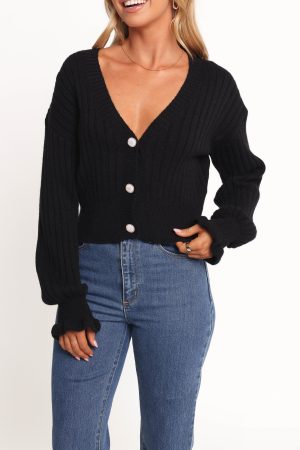 Zana Ribbed Ruffle Cuff Knit Sweater – Black
