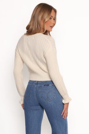 Zana Ribbed ruffle cuff Knit Sweater – Cream