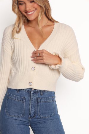 Zana Ribbed ruffle cuff Knit Sweater – Cream