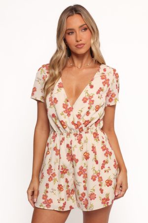 Zev Short Sleeve Romper – Ivory Floral