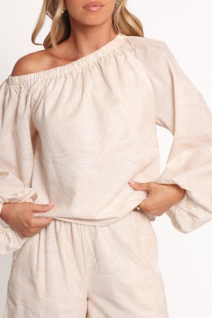 Zion Off Shoulder Long Sleeve Top – Tan Swirl