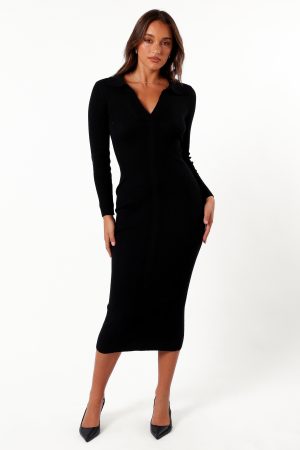 Irene Long Sleeve Midi Dress – Black