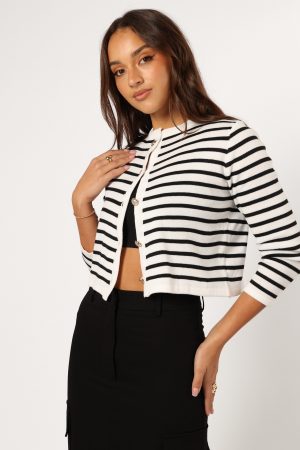 Cynthia Striped Button Front Cardigan – Black/Cream