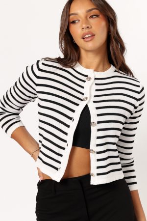 Cynthia Striped Button Front Cardigan – Black/Cream