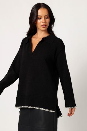 Elise Contrast Hem Knit Sweater – Black