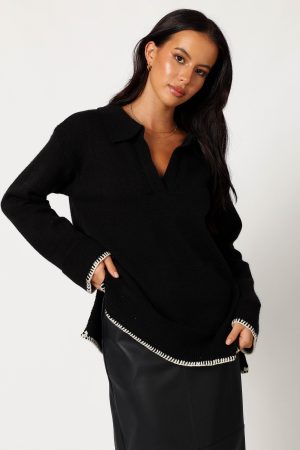 Elise Contrast Hem Knit Sweater – Black