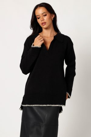 Elise Contrast Hem Knit Sweater – Black