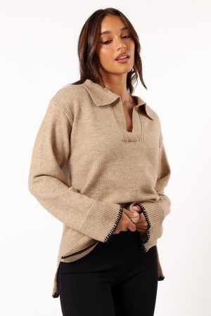 Elise Contrast Hem Knit Sweater – Taupe