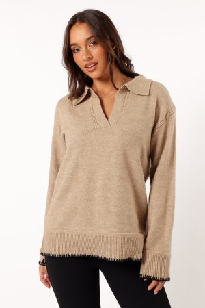Elise Contrast Hem Knit Sweater – Taupe