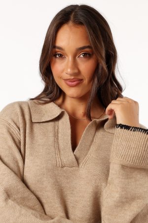 Elise Contrast Hem Knit Sweater – Taupe