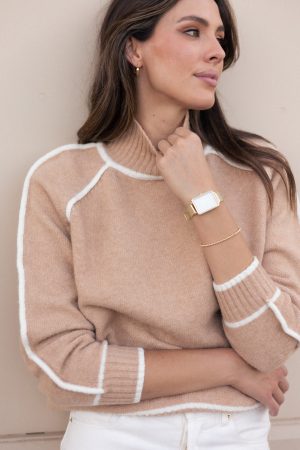 Rylee Contrast Hem Knit Sweater – Camel