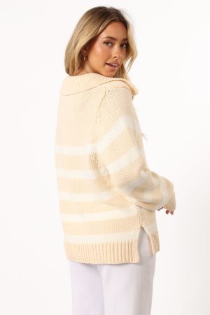 Shea Striped Collar Knit Sweater – Cream