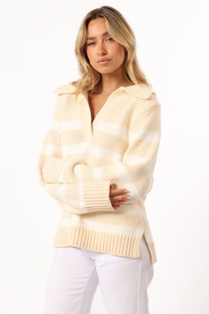 Shea Striped Collar Knit Sweater – Cream
