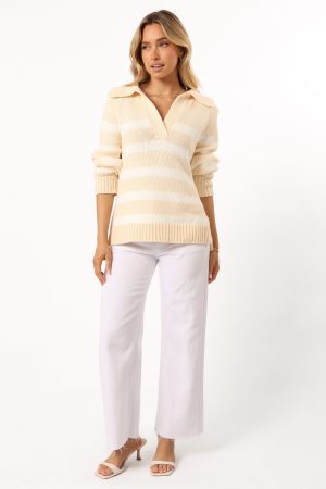 Shea Striped Collar Knit Sweater – Cream