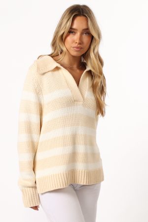 Shea Striped Collar Knit Sweater – Cream